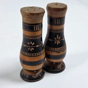 Vintage Wooden Spun Painted Salt and Pepper Shakers From Mexico Carved S&P